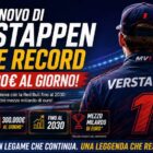 Rinnovo di Verstappen: pilota di Formula 1 visto di spalle con grafica sulle cifre record del contratto fino al 2030 e 300.000 euro al giorno.