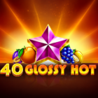 Slot 40 Glossy Hot di Amusnet con stella viola, frutta colorata e logo del gioco su uno sfondo luminoso dalle tonalità arancioni e dorate.