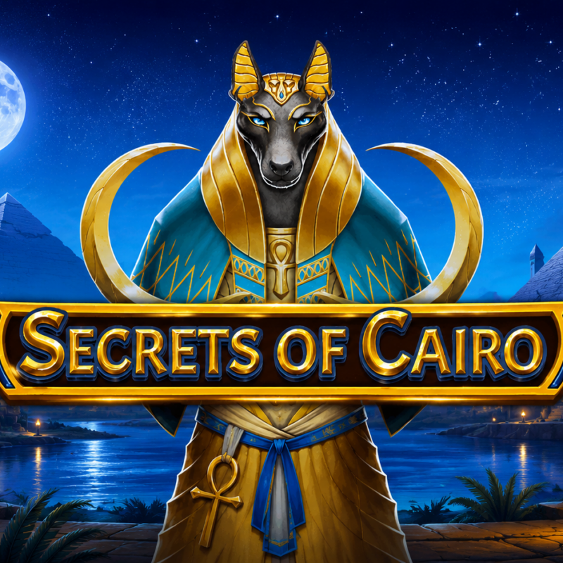 Slot Secrets of Cairo di Amusnet con Anubi in primo piano, logo del gioco e ambientazione ispirata all'Antico Egitto.