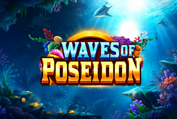 Slot Waves of Poseidon di Pragmatic Play con logo del gioco in primo piano, ambientazione sottomarina, coralli, delfini e raggi di luce.