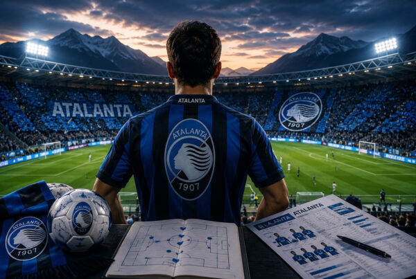 Atalanta fantacalcio 2026/27: tifoso di spalle allo stadio con maglia nerazzurra mentre analizza formazione, tattiche e strategie per l'asta del fantacalcio.