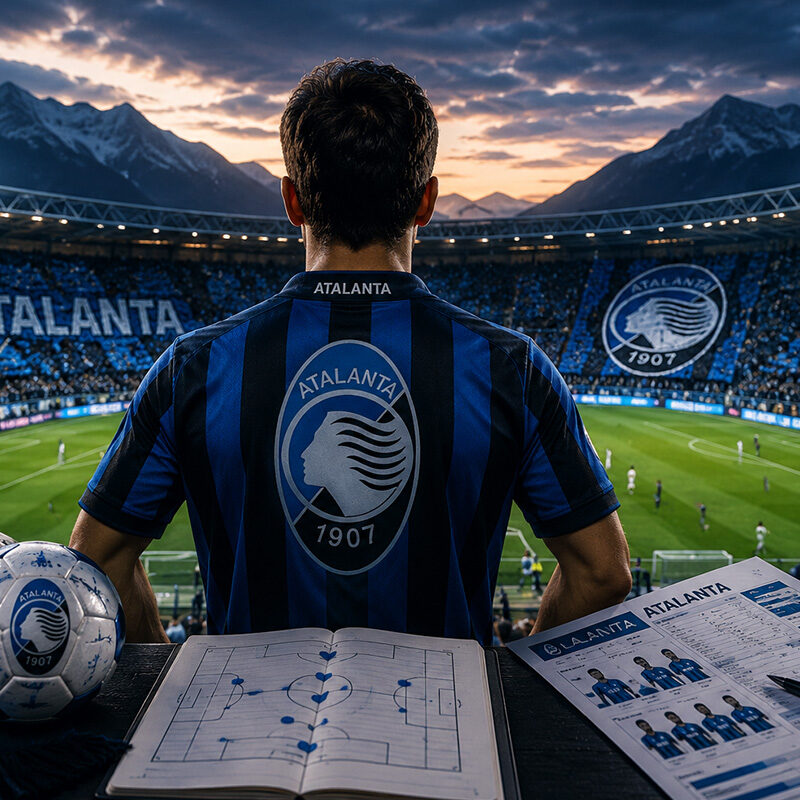 Atalanta fantacalcio 2026/27: tifoso di spalle allo stadio con maglia nerazzurra mentre analizza formazione, tattiche e strategie per l'asta del fantacalcio.