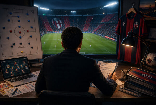 Bologna fantacalcio 2026/27: analista di spalle studia la formazione del Bologna davanti allo stadio rossoblù con lavagna tattica, statistiche e strategie per l'asta del fantacalcio.