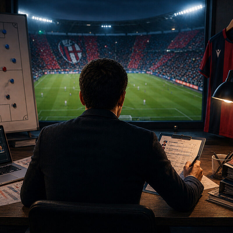 Bologna fantacalcio 2026/27: analista di spalle studia la formazione del Bologna davanti allo stadio rossoblù con lavagna tattica, statistiche e strategie per l'asta del fantacalcio.