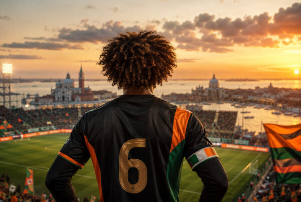 Gianluca Busio Venezia Serie A: illustrazione iperrealistica di un capitano di spalle che osserva il campo da gioco in uno stadio gremito, simbolo della determinazione del Venezia nella corsa alla salvezza.