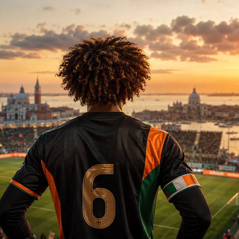 Gianluca Busio Venezia Serie A: illustrazione iperrealistica di un capitano di spalle che osserva il campo da gioco in uno stadio gremito, simbolo della determinazione del Venezia nella corsa alla salvezza.