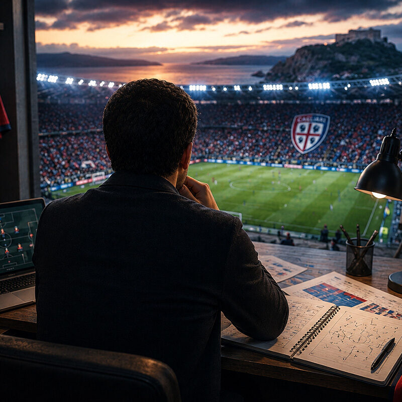 Cagliari fantacalcio 2026/27: analista di spalle studia la formazione del Cagliari davanti allo stadio rossoblù con lavagna tattica, statistiche e strategie per l'asta del fantacalcio.