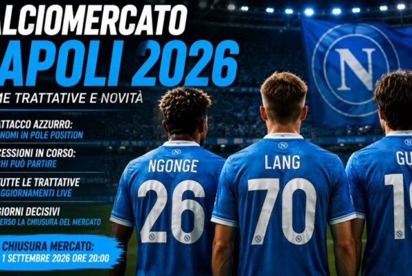 Calciomercato Napoli 2026, tre calciatori di spalle con maglie azzurre rappresentano le ultime trattative, gli acquisti e le possibili cessioni del Napoli.