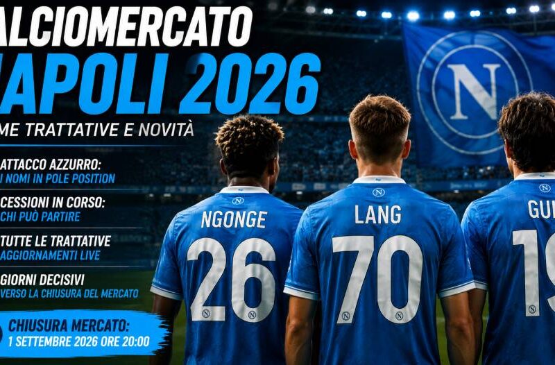 Calciomercato Napoli 2026, tre calciatori di spalle con maglie azzurre rappresentano le ultime trattative, gli acquisti e le possibili cessioni del Napoli.