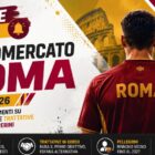 Calciomercato Roma agosto 2026: grafica editoriale con un calciatore di spalle in maglia giallorossa all'interno di uno stadio illuminato, banner "Ultime Notizie" e titolo dedicato agli acquisti, alle cessioni e alle trattative della Roma di Gian Piero Gasperini.