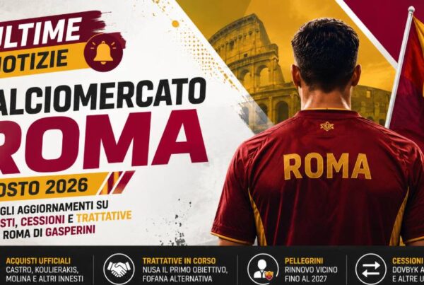 Calciomercato Roma agosto 2026: grafica editoriale con un calciatore di spalle in maglia giallorossa all'interno di uno stadio illuminato, banner "Ultime Notizie" e titolo dedicato agli acquisti, alle cessioni e alle trattative della Roma di Gian Piero Gasperini.