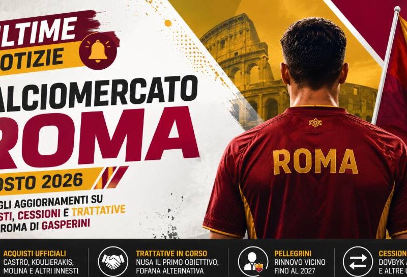 Calciomercato Roma agosto 2026: grafica editoriale con un calciatore di spalle in maglia giallorossa all'interno di uno stadio illuminato, banner "Ultime Notizie" e titolo dedicato agli acquisti, alle cessioni e alle trattative della Roma di Gian Piero Gasperini.
