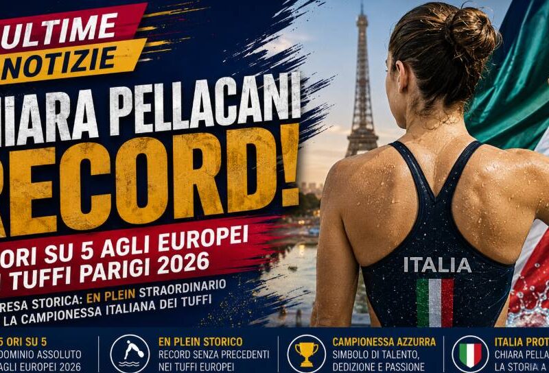 Chiara Pellacani celebra il record agli Europei di tuffi 2026 in una grafica editoriale con la campionessa italiana raffigurata di spalle davanti alla Torre Eiffel e alla bandiera italiana, accompagnata dal titolo dedicato ai cinque ori conquistati a Parigi.