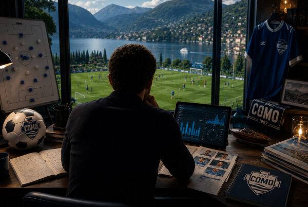 Como fantacalcio 2026/27: analista calcistico di spalle osserva il centro sportivo del Como affacciato sul Lago di Como, studiando tattiche, statistiche e probabile formazione per l'asta del fantacalcio.