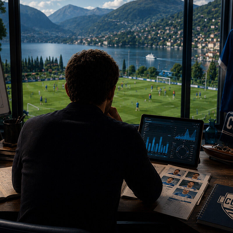 Como fantacalcio 2026/27: analista calcistico di spalle osserva il centro sportivo del Como affacciato sul Lago di Como, studiando tattiche, statistiche e probabile formazione per l'asta del fantacalcio.