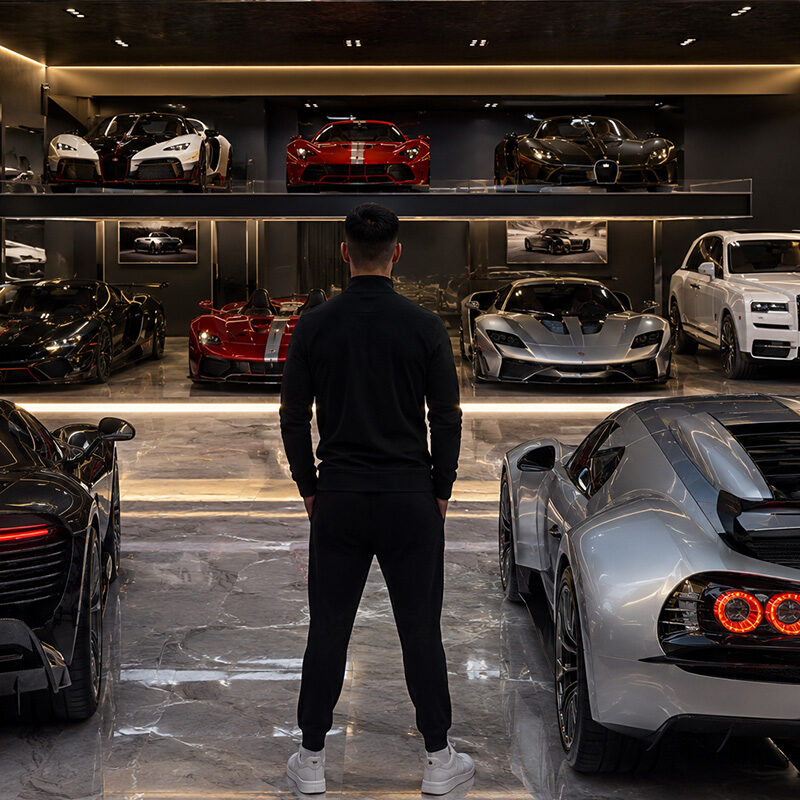 Cristiano Ronaldo collezione auto in un garage di lusso con hypercar e supercar esclusive.