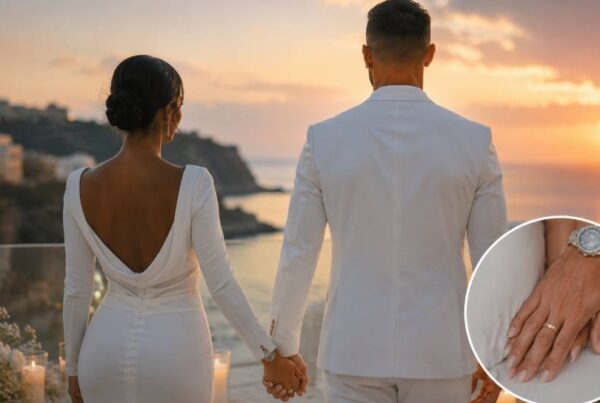Cristiano Ronaldo sposato con Georgina Rodriguez, coppia ritratta di spalle mano nella mano durante una romantica cerimonia al tramonto, con dettaglio delle fedi nuziali.
