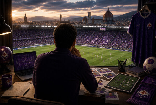Fiorentina fantacalcio 2026/27: analista calcistico di spalle studia la formazione della Fiorentina con vista sullo stadio viola e sullo skyline di Firenze, preparando l'asta del fantacalcio.