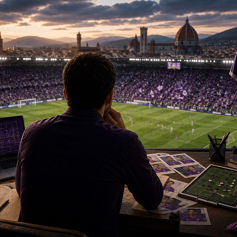 Fiorentina fantacalcio 2026/27: analista calcistico di spalle studia la formazione della Fiorentina con vista sullo stadio viola e sullo skyline di Firenze, preparando l'asta del fantacalcio.