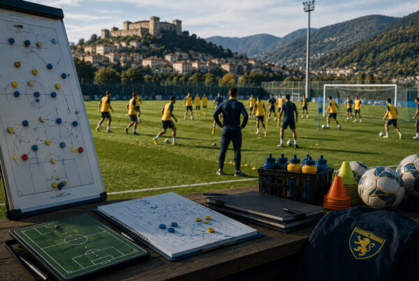 Frosinone fantacalcio 2026/27: allenamento del Frosinone sul campo con staff tecnico, schemi tattici, lavagna strategica e giocatori gialloblù impegnati nella preparazione della stagione di Serie A.
