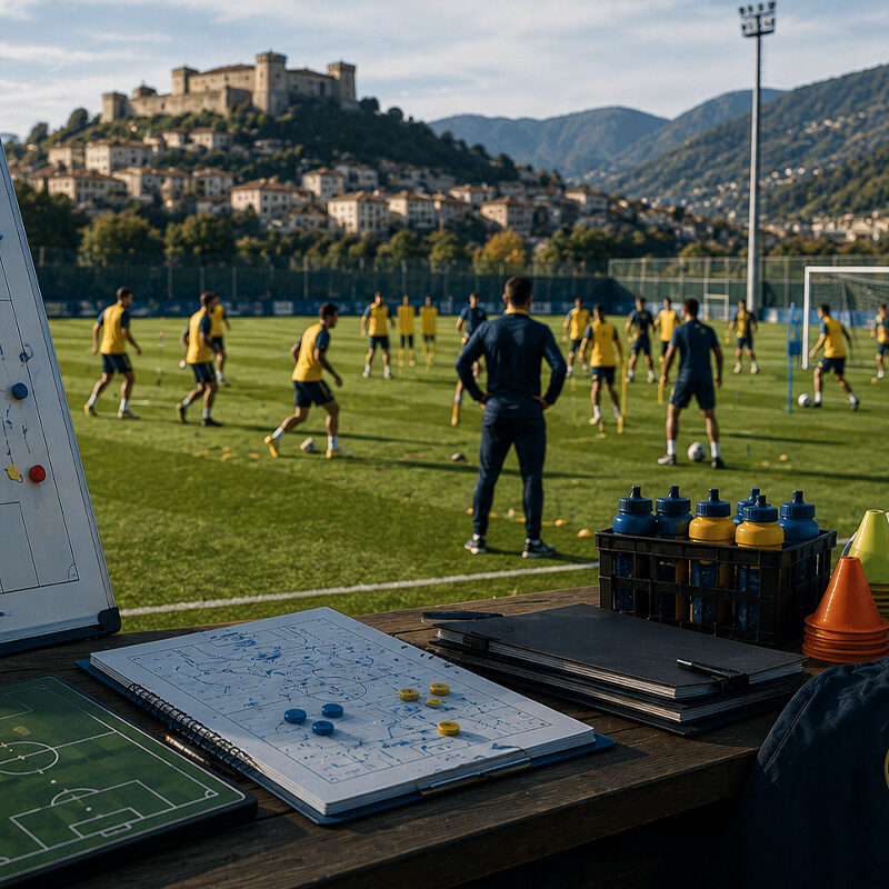 Frosinone fantacalcio 2026/27: allenamento del Frosinone sul campo con staff tecnico, schemi tattici, lavagna strategica e giocatori gialloblù impegnati nella preparazione della stagione di Serie A.