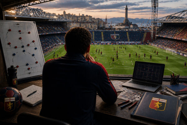 Genoa fantacalcio 2026/27: allenatore di spalle osserva l'allenamento del Genoa con lavagna tattica, schemi di gioco e squadra rossoblù impegnata sul campo durante la preparazione alla Serie A.