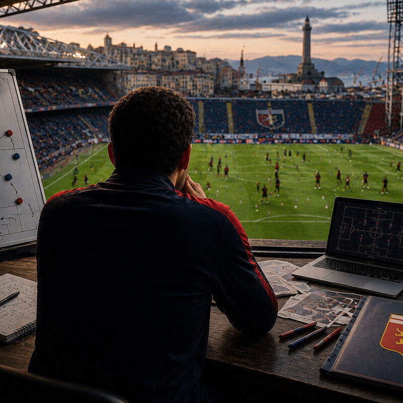 Genoa fantacalcio 2026/27: allenatore di spalle osserva l'allenamento del Genoa con lavagna tattica, schemi di gioco e squadra rossoblù impegnata sul campo durante la preparazione alla Serie A.