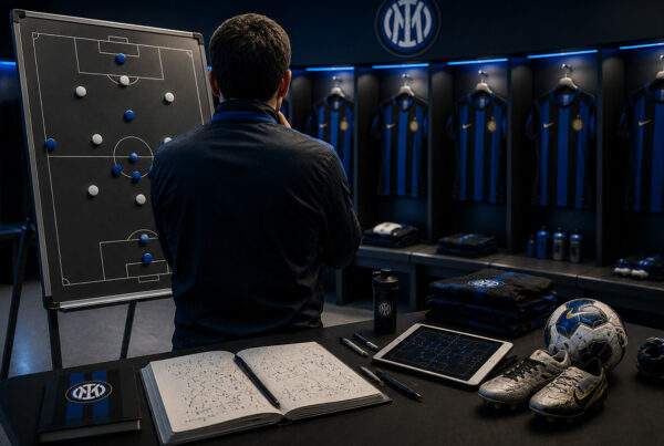 Inter fantacalcio 2026/27: allenatore di spalle analizza la tattica dell'Inter nello spogliatoio con lavagna degli schemi di gioco, maglie nerazzurre e strumenti di analisi tecnica in preparazione alla Serie A.