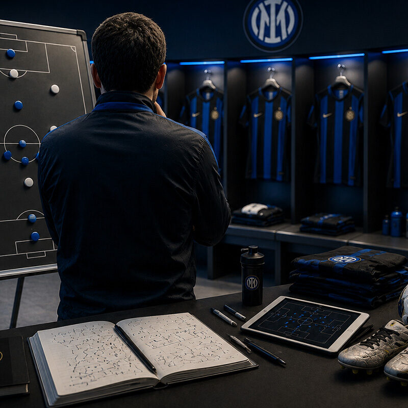 Inter fantacalcio 2026/27: allenatore di spalle analizza la tattica dell'Inter nello spogliatoio con lavagna degli schemi di gioco, maglie nerazzurre e strumenti di analisi tecnica in preparazione alla Serie A.
