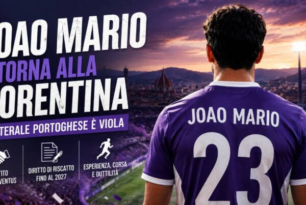 Joao Mario ritorna alla Fiorentina: grafica editoriale con il laterale portoghese raffigurato di spalle in maglia viola all'interno di uno stadio illuminato, con il titolo dedicato al suo arrivo in prestito dalla Juventus.