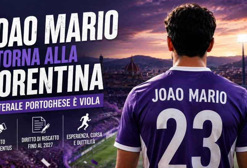 Joao Mario ritorna alla Fiorentina: grafica editoriale con il laterale portoghese raffigurato di spalle in maglia viola all'interno di uno stadio illuminato, con il titolo dedicato al suo arrivo in prestito dalla Juventus.