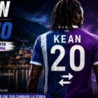 Kean al Como, calciatore raffigurato di spalle con maglia divisa tra azzurro e viola, simbolo del possibile trasferimento dalla Fiorentina al Como.