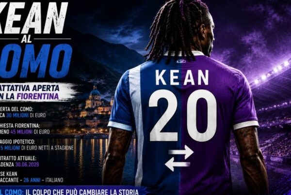 Kean al Como, calciatore raffigurato di spalle con maglia divisa tra azzurro e viola, simbolo del possibile trasferimento dalla Fiorentina al Como.