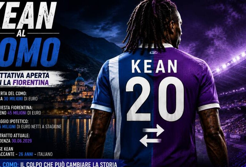 Kean al Como, calciatore raffigurato di spalle con maglia divisa tra azzurro e viola, simbolo del possibile trasferimento dalla Fiorentina al Como.