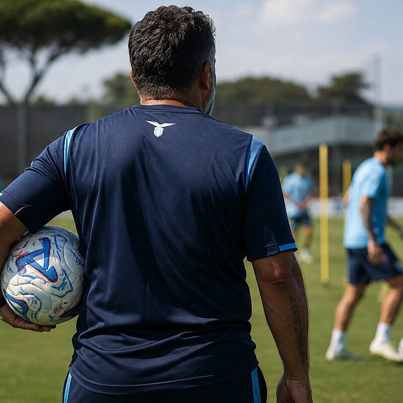 Lazio fantacalcio 2026/27: allenatore della Lazio ripreso di spalle durante una seduta di allenamento mentre osserva i giocatori biancocelesti impegnati nelle esercitazioni tattiche al centro sportivo.
