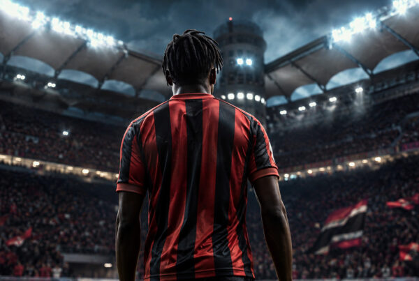 Leao Milan: calciatore con la maglia rossonera visto di spalle mentre entra in campo in uno stadio illuminato, immagine sportiva in stile realistico che rappresenta il possibile rilancio del talento portoghese.