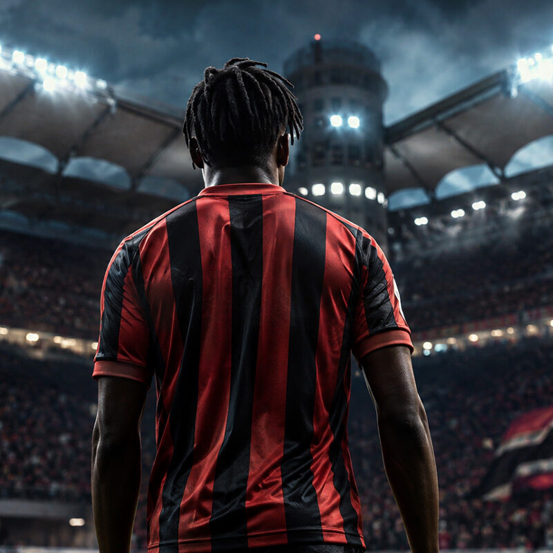 Leao Milan: calciatore con la maglia rossonera visto di spalle mentre entra in campo in uno stadio illuminato, immagine sportiva in stile realistico che rappresenta il possibile rilancio del talento portoghese.