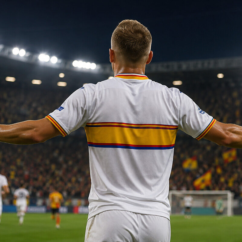Lecce fantacalcio 2026/27: calciatore del Lecce ripreso di spalle mentre esulta a braccia aperte davanti ai tifosi nello stadio durante una partita di Serie A.