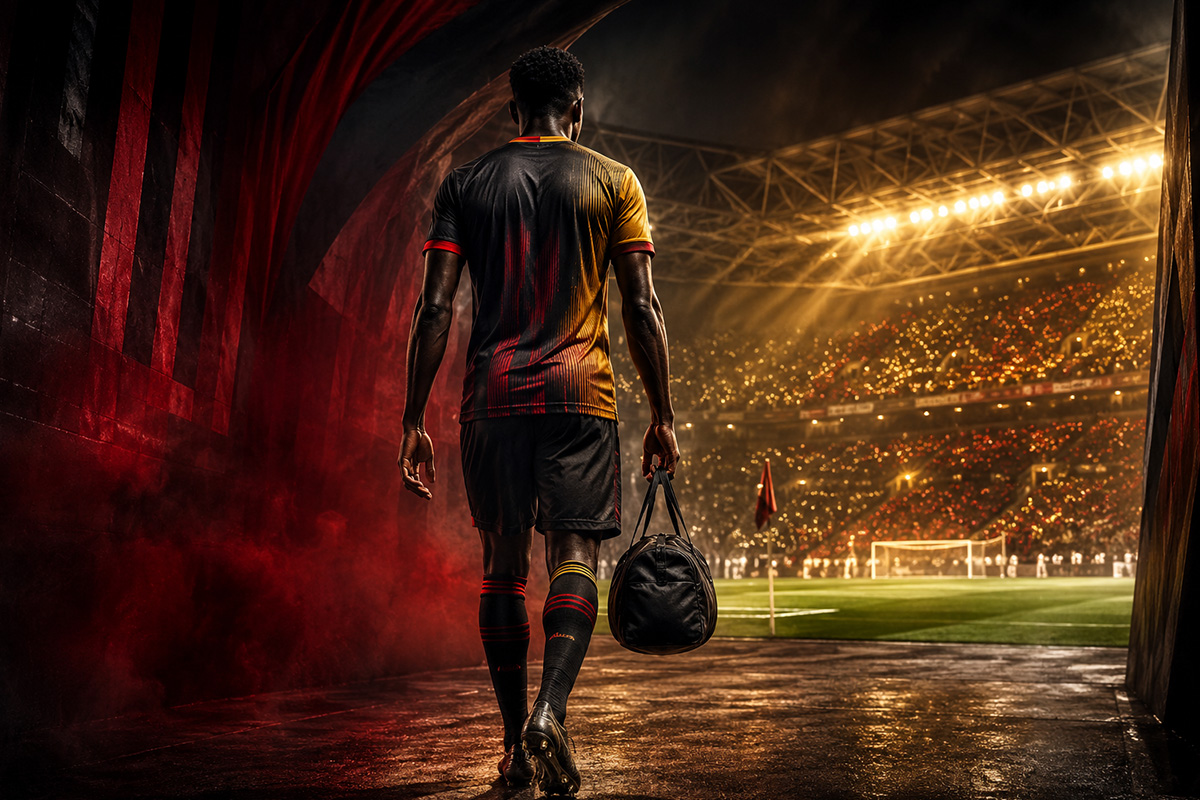 Leao al Galatasaray, calciatore di spalle entra in uno stadio illuminato