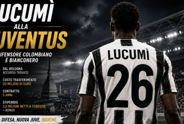 Lucumì alla Juventus, difensore colombiano rappresentato di spalle con maglia bianconera dopo il trasferimento dal Bologna, con cifre di contratto e stipendio.