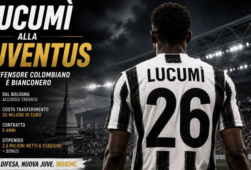 Lucumì alla Juventus, difensore colombiano rappresentato di spalle con maglia bianconera dopo il trasferimento dal Bologna, con cifre di contratto e stipendio.