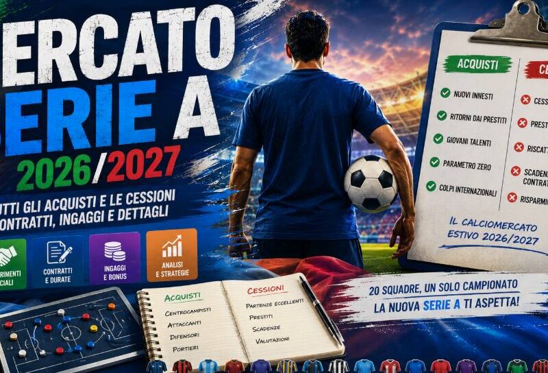 Mercato Serie A 2026 2027: grafica sul calciomercato estivo italiano con acquisti, cessioni, contratti, ingaggi e trasferimenti delle 20 squadre di Serie A.