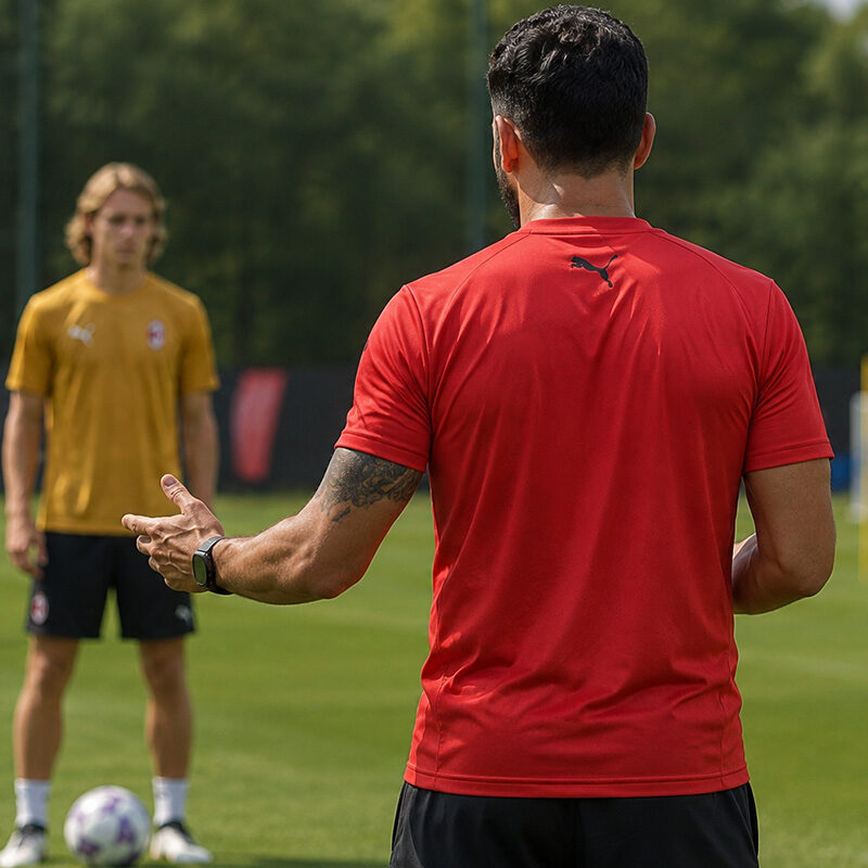 Milan fantacalcio 2026/27: allenatore del Milan ripreso di spalle durante una seduta di allenamento mentre impartisce indicazioni tattiche ai giocatori rossoneri sul campo di Milanello.