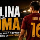 Molina alla Roma: grafica editoriale con il calciatore argentino raffigurato di spalle in maglia giallorossa all'interno di uno stadio illuminato, accompagnata dal titolo dedicato al suo trasferimento e al nuovo progetto tecnico della Roma.