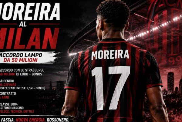 Moreira al Milan, esterno rappresentato di spalle con maglia rossonera dopo l’accordo con lo Strasburgo per un trasferimento da 50 milioni di euro più bonus.