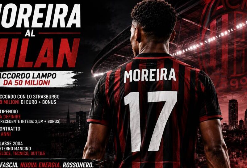 Moreira al Milan, esterno rappresentato di spalle con maglia rossonera dopo l’accordo con lo Strasburgo per un trasferimento da 50 milioni di euro più bonus.