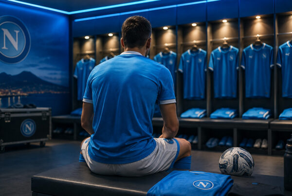 Napoli al fantacalcio 2026/27, calciatore azzurro di spalle nello spogliatoio prima della partita.