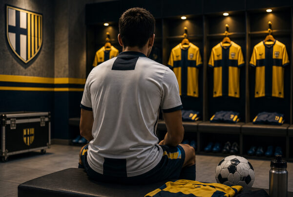 Parma al fantacalcio 2026/27, calciatore di spalle nello spogliatoio prima della partita.