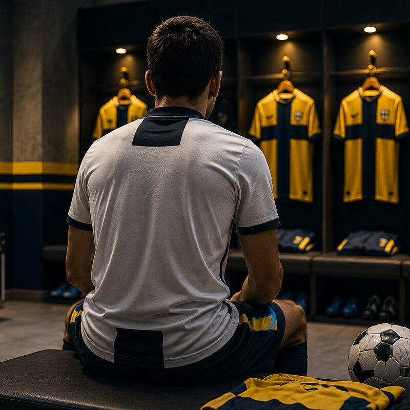 Parma al fantacalcio 2026/27, calciatore di spalle nello spogliatoio prima della partita.