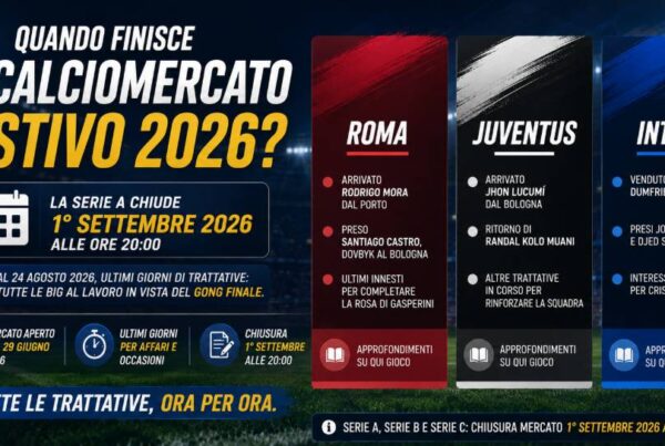 Quando finisce il calciomercato estivo 2026: chiusura il 1° settembre alle 20:00, con focus sulle trattative di Roma, Juventus e Inter.